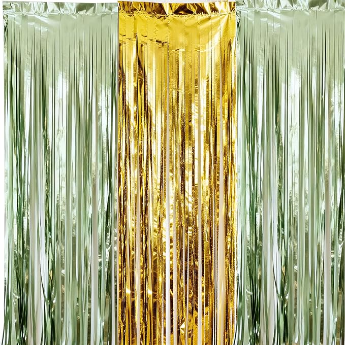 3 Packs Sage Green Gold Foil Fringe Curtains Light Green Birthday Decorations Extra Wide 9.9ft for Wedding Party Backdrop Bridal Shower Group Photos,Birthday Party Door Cover Each 3.3 x 6.5 ft
