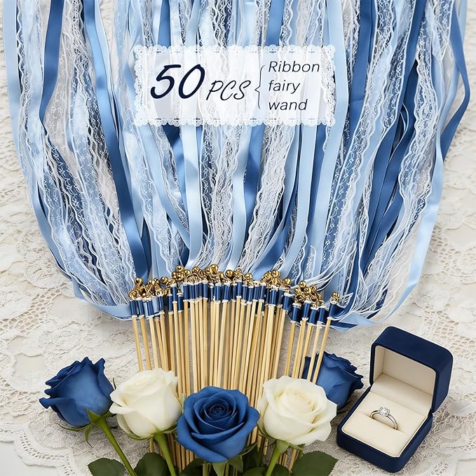 50Pcs Ribbon Sticks Wands Streamers with Bells Silk Fairy Stick Party Ribbon Streamers for Wedding Party, Birthday and Holiday Activities-Blue