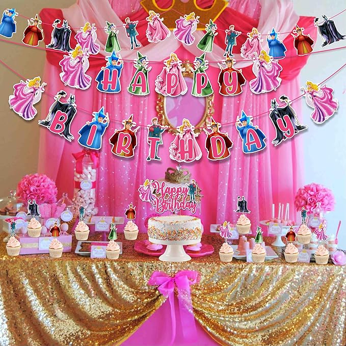 Sleepin Beauty Theme - Party Decorations, Princess Inspired Birthday Decor for Girls, Fairy Tale Castle Party Supplies, Pink Royal Birthday Banner, Cake Topper & Cupcake Decoration Set