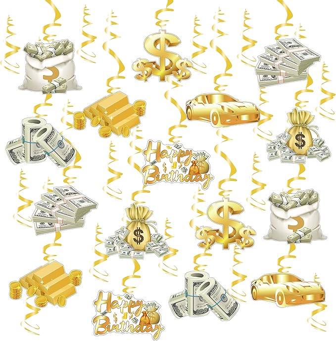 30 Pack(Swrils & Cutouts) Money Birthday Hanging Decorations Dollar Bill Cash Hanging Swirls Investment Themed Decorations for Birthday Casino Wedding Bachelorette Graduations Party Supplies