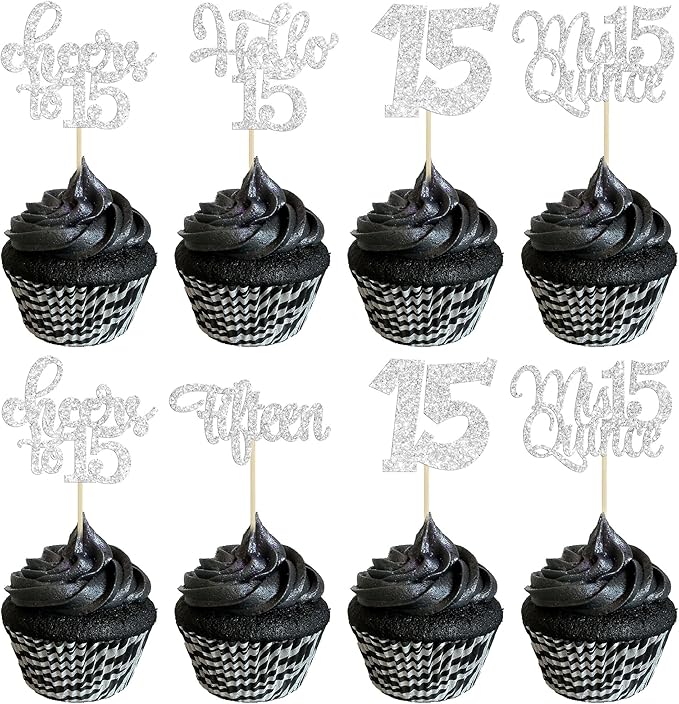 30Pcs 15th Birthday Cupcake Toppers Fifteen Cupcake Picks Cheers to 15 Years Old Mis Quince 15 Cake Decorations for 15th Birthday Anniversary Party Silver Glitter