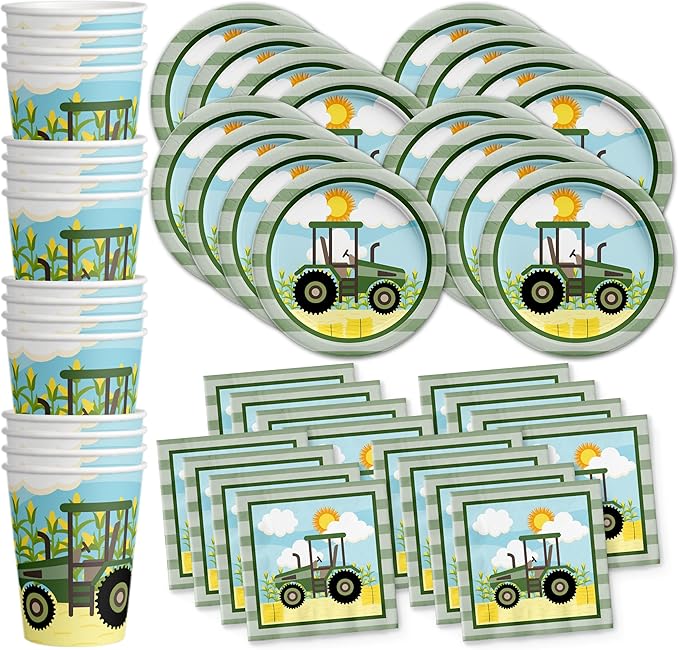 Green Farm Tractor Time Birthday Party Supplies Set Plates Napkins Cups Kit for 16