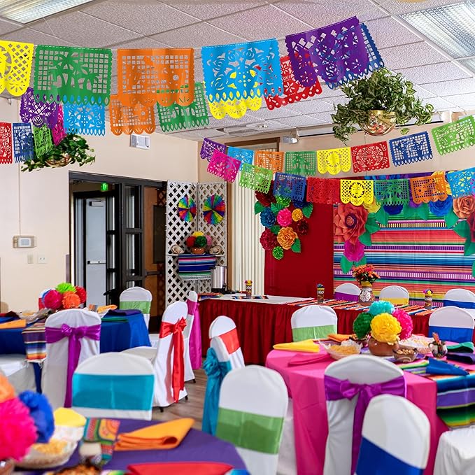 18 FT Cinco De Mayo Party Decorations, 1 Pack Fiesta Banner with 9 Plastic Papel Picado, Colorful Mexican Theme Party Flag Banner Dia De Los Muertos Day of the Dead Hanging Decor Home Party Supplies