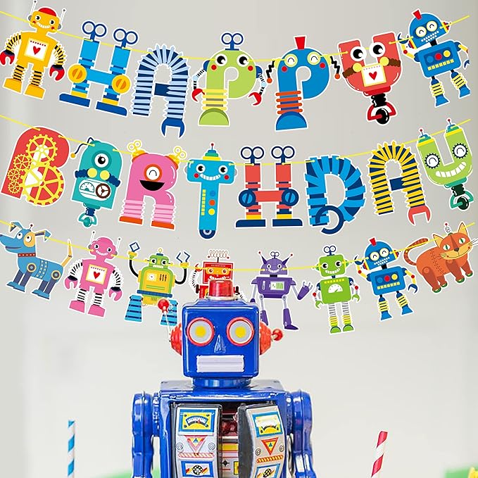 Robot Happy Birthday Banner and Party Decoration - Cartoon Hanging Decoration for Boys' Birthday - Robot Theme Party Supplies