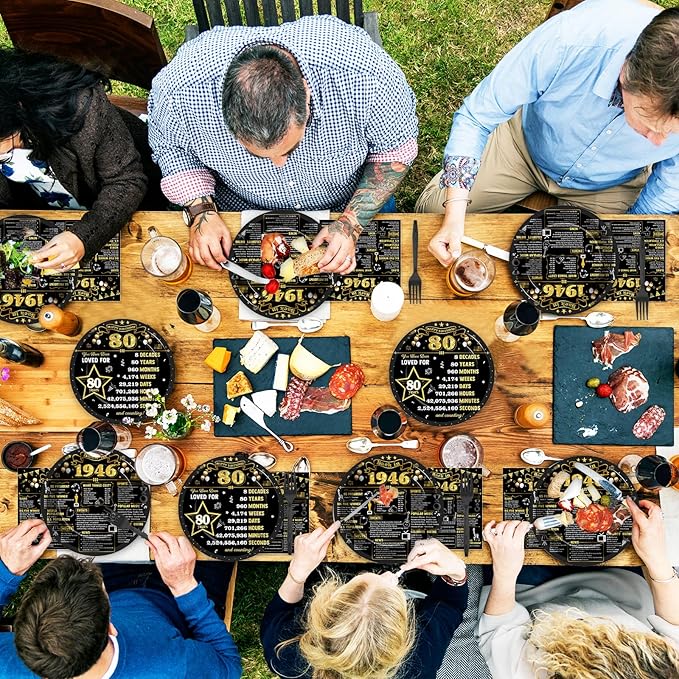96Pcs 80th Birthday Plates and Napkins Back in 1946 Party Decorations Black Gold 80 Year Old Party Dessert Plates 1946 Birthday Tableware for 24 Guests 80th Theme Men Woman Bday Parties Supplies