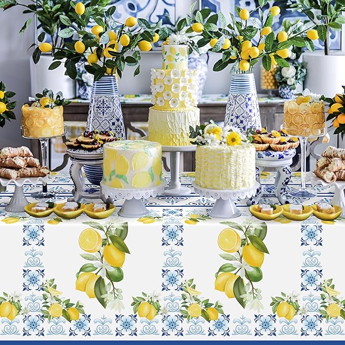 3-Pack Capri Lemon Table Cover Party Decoration Mediterranean Lemon Pattern Disposable Waterproof Decor Summer Spring Fruit Kid Birthday Dining Picnic Wedding