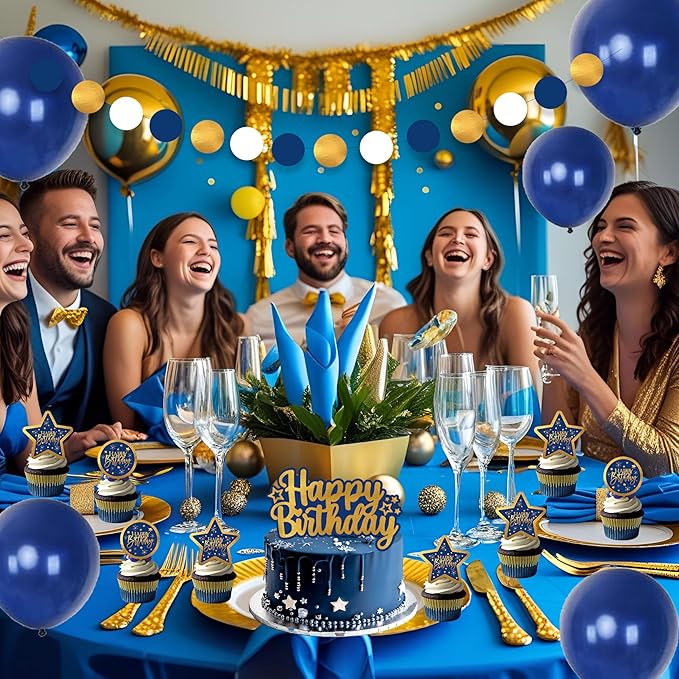 Blue And Gold Birthday Decorations for Men,Fringe Curtains Happy Birthday Banner,Red balloons,Cake Toppers for Boys