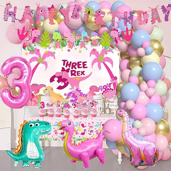 Pink Three Dino Rex Birthday Party Decorations Dinosaur 3rd Birthday Décorations Three inspired Rex Birthday Party Supplies include balloon backdrop knive fork spoon plate napkin cup tablecloth