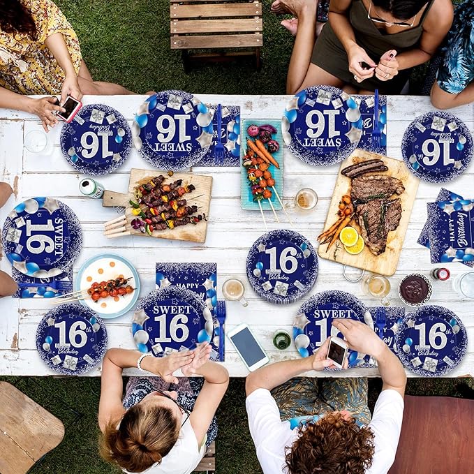 gisgfim 96Pcs 16th Birthday Plates and Napkins Party Supplies Sweet 16 Birthday Party Tableware Set Blue Silver 16th Birthday Decorations Favors for 16 Years Old Boys Girls for 24 Guests
