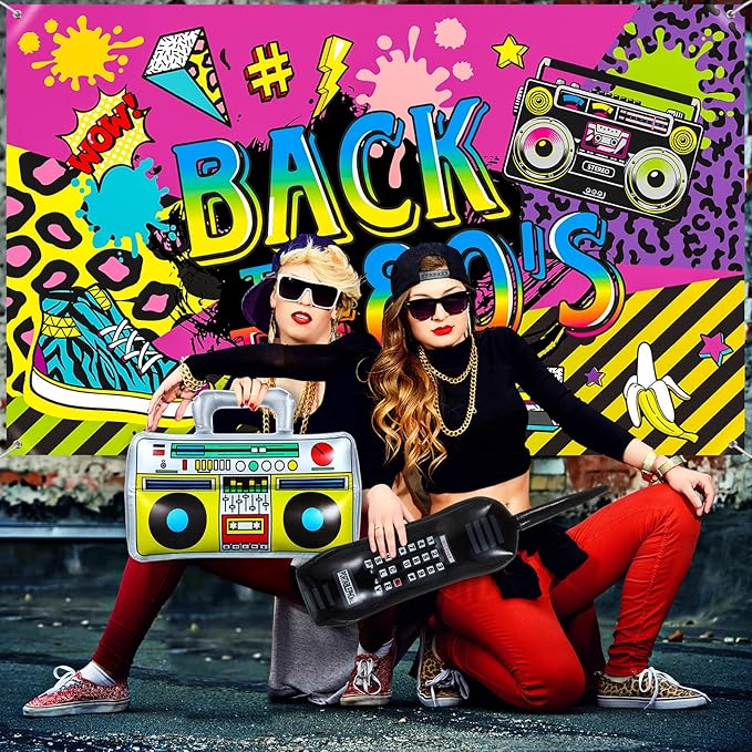 Xuhal 80's Party Decorations Back to the 80s Party Backdrop Banner with Inflatable Radio Boombox and Mobile Phone Latex Balloons for 80s Hip Hop Themed Birthday Photo Booth Background Party Supplies