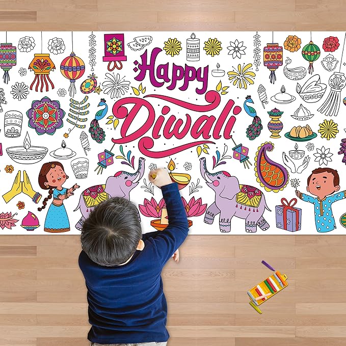 OHOME Diwali Giant Coloring Poster/Tablecloth - Diwali Decorations for Home - 30 x 72 Inches Jumbo Coloring Banner Kids Crafts Activities Decor Party Decorations | Diwali Gifts