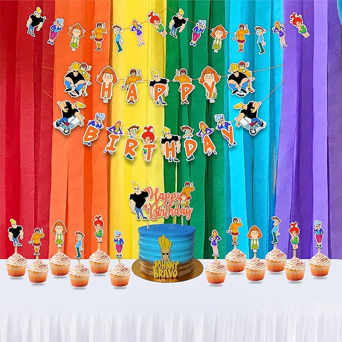 Johny Brvo Theme - Party Decorations, Retro Cartoon Inspired Birthday Decor, Funny Character Theme Party Supplies, Cake Topper & Cupcake Decoration Set, Bold Celebration Dessert Table Decor