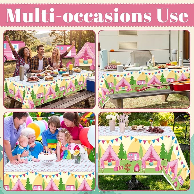 Table Cover Party Decor - 3 Pack Pink Camping Themed Disposable Plastic Rectangle Table Cloths Birthday School Christmas Holiday Party Favors Classroom Decoration Supplies Games Activities