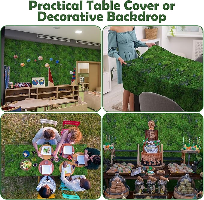 Kochorie 100 Ft x 54 Inch Green Moss Tablecloth Roll with Slide Cutter Box Disposable Green Grass Plastic Tablecovers Cut to Size Tablecloth Jumbo Jungle Backdrop for Birthday Picnic Baby Shower