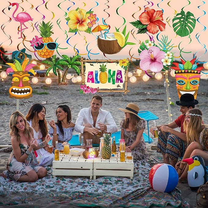Outus 30 Pieces Hawaiian Luau Birthday Party Hanging Swirl Decorations, Flower Tropical Palm Flamingo Sign Foil Ceiling Decor for Floral Tropical Party Summer Beach Pool Tiki Supplies(Summer)