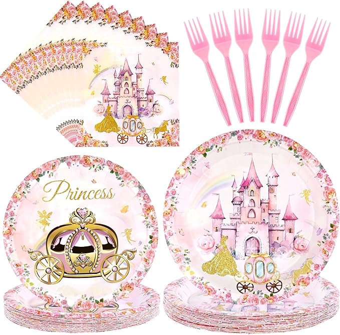 CANREVEL 96 PCS Princess Party Plates Serve 24, Princess Plates and Napkins Forks Set, Disposable Tableware for Birthday Supplies Party Decorations for Grils Kids Women