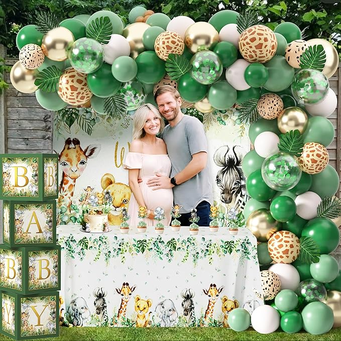 Safari First Birthday Decorations for Boy - 116 Pcs Wild One Birthday Decorations Jungle Theme Party Supplies with Balloon Arch Kit, Wild One Backdrop, Tablecloth and Baby Boxes (Green)