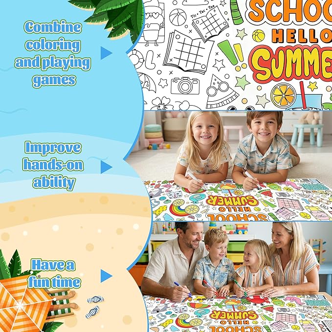 Jumbo End of School Year Coloring Activity Poster - Summer Fun Games DIY Drawing Color-in Paper 55.1 x 23.6 Inch Blank Doodle Art Banner, Home School Educational Event Party Supplies