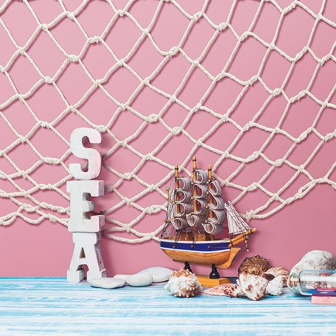 Unittype 6 Pack Fish Net Decorative and Tablecloth Set, Cotton Fishnet and Plastic Table Cover Decorations Set for Nautical Themed Party Baby Shower Pirate Decorations Mermaid Party Supply (Pink)