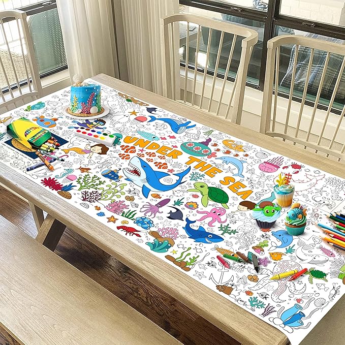 Under The Sea Coloring Tablecloth for Kids, Giant 30x72 Inch Poster with Shark, Turtle, Ocean Creatures, Perfect for Undersea Party Games, Aquatic Decorations, Classroom Fun, Event Supplies