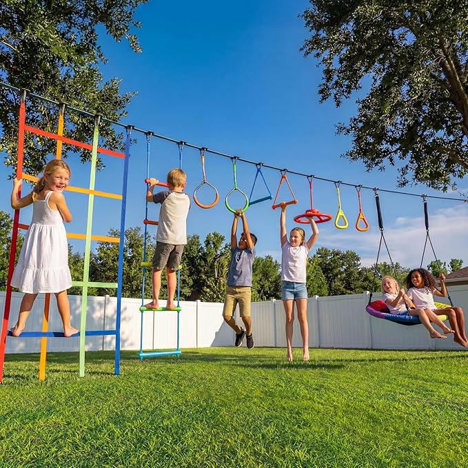 Hapfan 50 FT Ninja Warrior Obstacle Course Swing Set for Kids with Weather-Proof Accessories, Outdoor Playset with Monkey Bars for Backyard