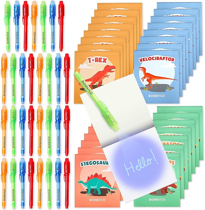 BONNYCO Invisible Ink Pen and Notebook Pack 32, Dinosaur Party Favors for Kids. Magic Spy Pen Goodie Bags Stuffers for Kids, Dinosaur Birthday Party Supplies. Goody Bag Stuffers, Return Gifts Prizes