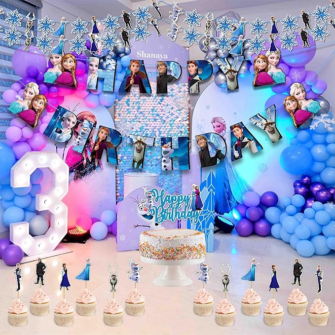 Frozn Theme Birthday Party Supplies - Decoration Set for Girls Celebration, Ice Princess Party Décor Kit with Banner, Cake Topper, Cupcake Toppers and Table Decorations for Home Event Setup