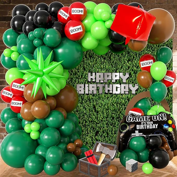 Green Balloon Arch Kit,Brow Green and Black Balloons Garland Kit For boy,Video Game Foil Balloon for Birthday Decorations,Party Supplies for boys