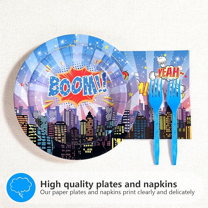 96Pcs Super Theme Hero Party Decorations Blue Hero Cityscape Plates and Napkins Sets Hero's Theme Comic City Party Decorations Favor for Boys Girls Spider Video Game Fun Birthday Supplies Serves 24