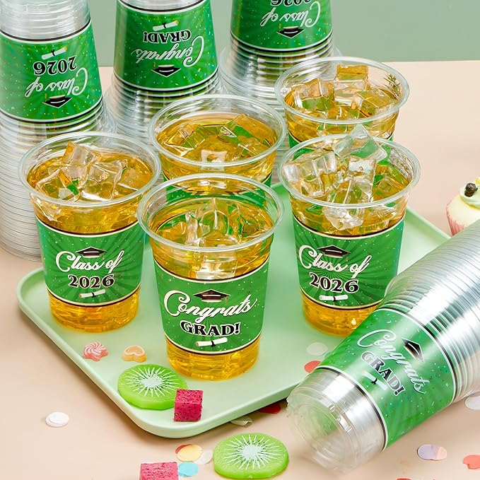 JOYIN 100 Pcs 16oz Graduation Party Plastic Cups (Green), PET Cup Tableware Bulk for Class of 2026 Graduates, Disposable Cups for 2026 High School College Graduation School Festivities Party Supplies