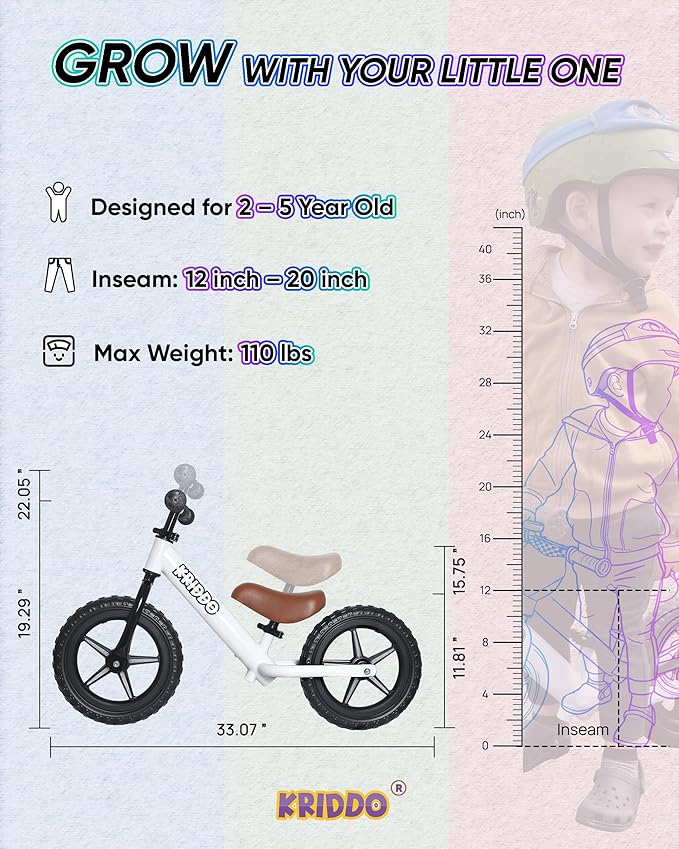 KRIDDO Toddler Balance Bike 2 Years Old, 12-Inch Colorful Lighting-Up Push Bicycle with LCD Writing Tablet, Steady Balancing, Gift Bike for 2-5 Boys Girls, LED-White