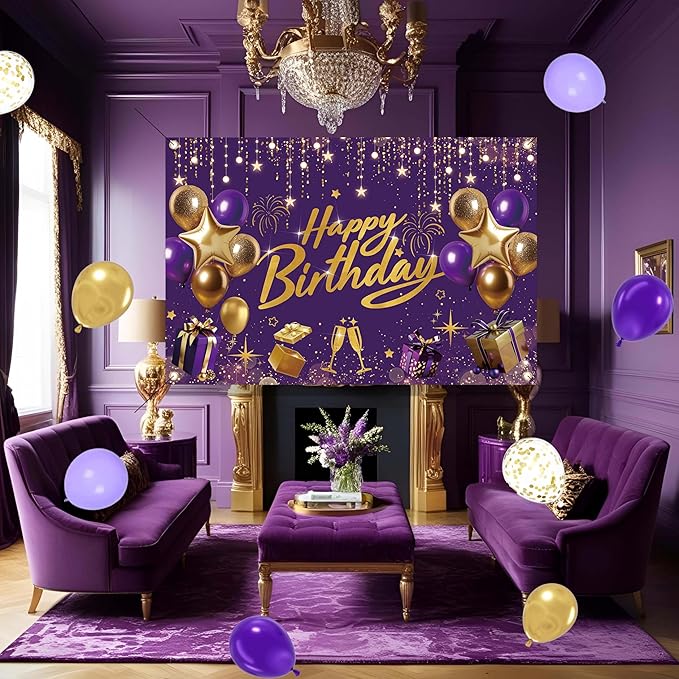 Purple and Gold Birthday Decorations for Women,Party Supplies with Happy Birthday Backdrop,Balloon Garland Arch Kit For Girls