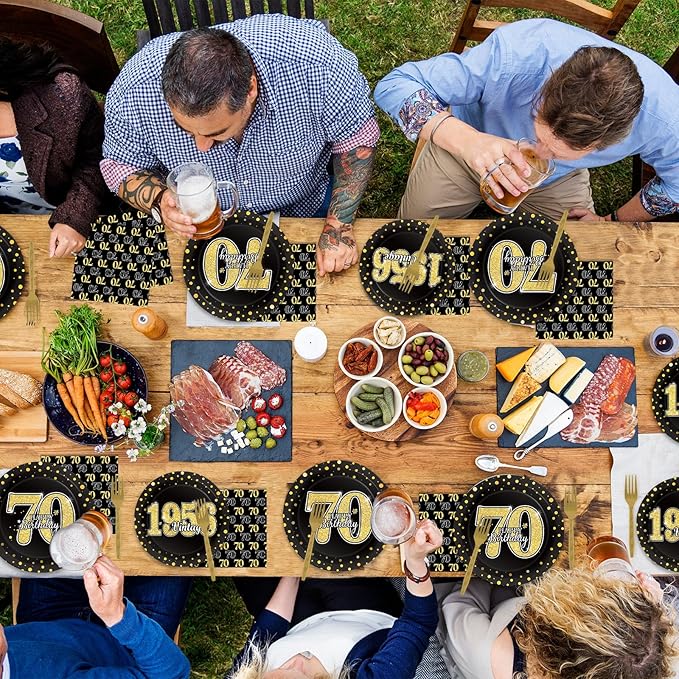 96PCS 70th Theme Birthday Party Tableware Vintage 1956 Party Supplies 70 Year Old Birthday Decorations Plates Napkins Forks Black and Gold Dinnerware Favors for Men or Women