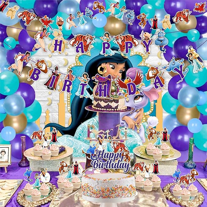 Aladn Theme Party Decorations - Arabian Princess Birthday Decor, Magic Lamp Genie Inspired Party Supplies, Desert Palace Theme Birthday Banner, Cake Topper & Dessert Table Decorations