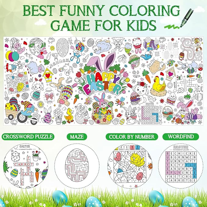Easter Large Coloring Poster for Kids, Happy Jumbo Coloring Paper Tablecloth, Bunny Eggs Color-in Craft Activities for School Classroom Home Party Supplies Decorations, 30 x 72 Inch