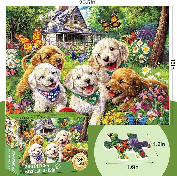 300 Piece Puzzles for Adults, Garden Dog Jigsaw Puzzle for Children Elderly, Large Piece Fun Animal Puzzle for Kids Ages 8-10 10-12,Cute Puppy Pet Lover Jigsaw Puzzles,Family Game Great Gift 20.5*15in