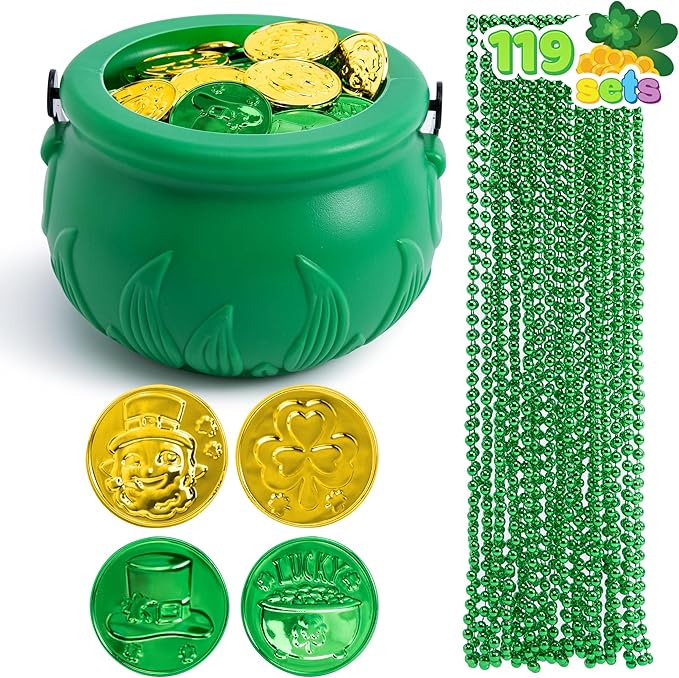JOYIN 119 Pcs St. Patrick’s Party Supplies Set, 18 Bead Necklaces, 100 Plastic Coins and 1 Cauldron, St Patrick’s Day Party Favor Supply (Green Cauldron, Bead Necklace, Green and Gold Coins)