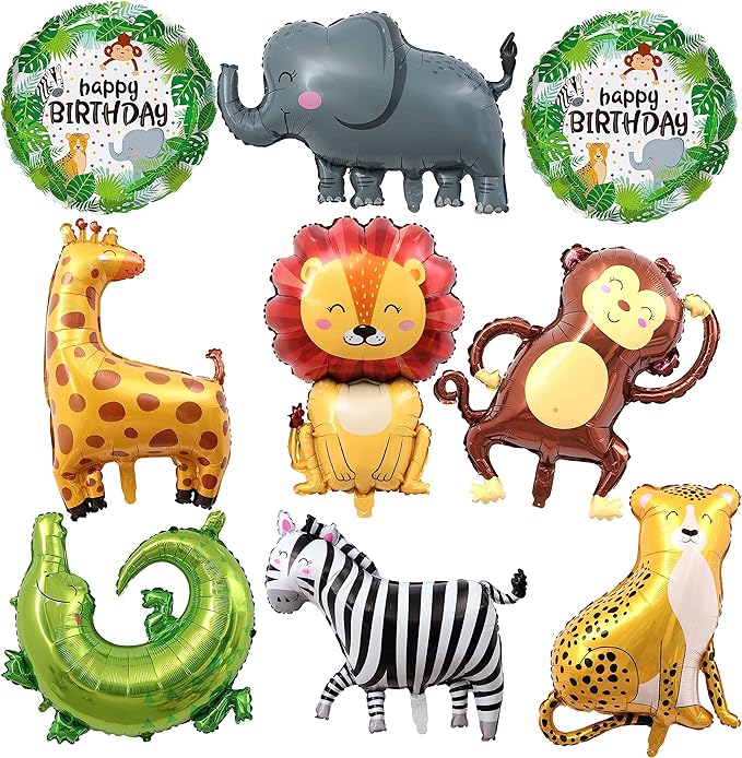 TUWUNA 9Pcs Safari Jungle Animal Balloons,Wild One Birthday Decorations Baby Shower Jungle Safari Party Supplies,Kids Elephant Monkey Lion Giraffe Leopard Zebra Crocodile Balloon