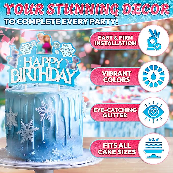 Winter Princess Happy Birthday Cake Topper for Girls -Easy to Install Cake Topper Decorations Made of Thick Paper Card with Glossy Texture - Vivid Adorable Design with Snowflakes & Magical Princesses