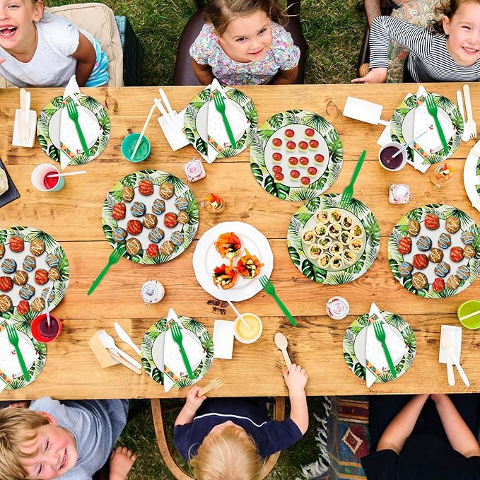 180 Pcs Summer Tropical Paper Plates and Forks Tropical Party Supplies 9'' Disposable Plates 7'' Paper Snack Plates Plastic Forks for Kids Birthday Hawaiian Beach Party Decorations, Serves 60