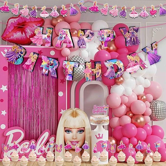 Barbe Theme Birthday Party Supplies - Decoration Set for Home Celebration, Cartoon Theme Party Décor Kit with Banner, Cake Topper and Table Decoration Accessories for Event Setup