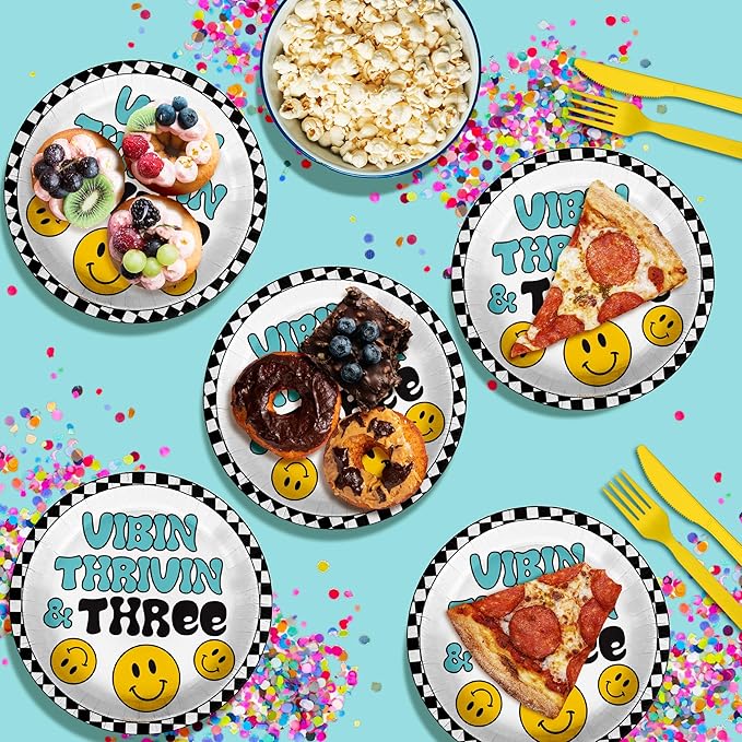 Vibin Thrivin' and Three Smiley Face Third Birthday - 32 Piece Disposable Party Supplies - Decorations for Boy's 3rd Birthday Round Party Plates - Large 9" Paper Plates In Bulk