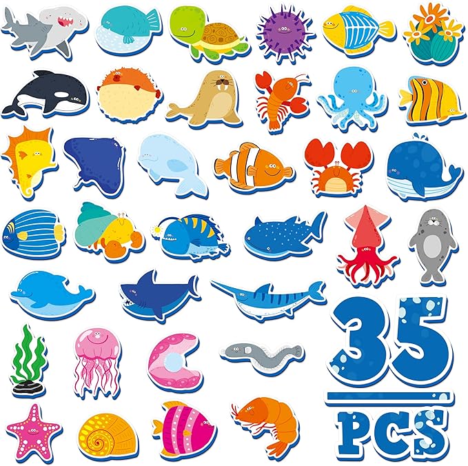 35 PCS Marine Animal Refrigerator Magnets, Adorable Magnetic Sea Animals Underwater Creatures -Thick Foam EVA Refrigerator Magnets Cute Educational Learning Toys for Kids 3+