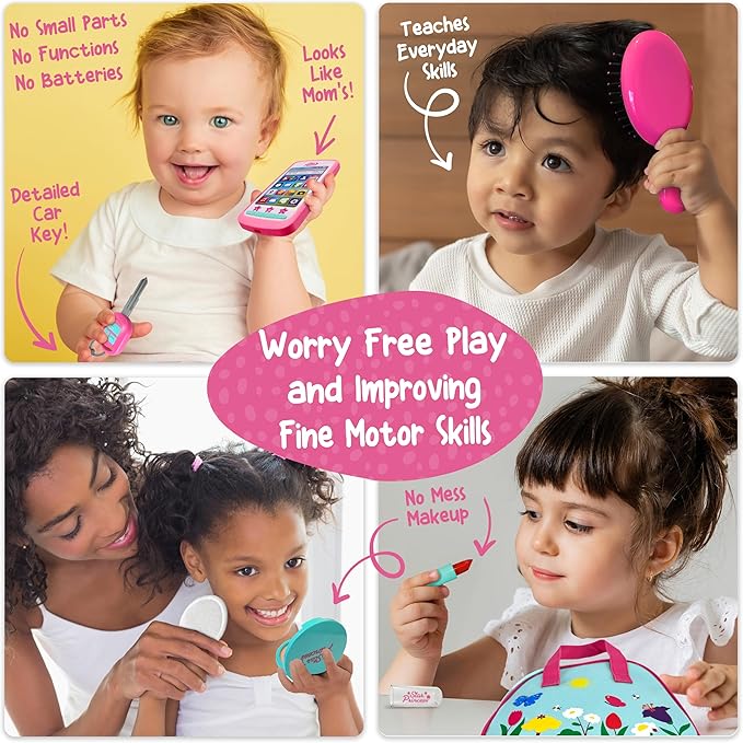 Play Purse for Toddlers with Accessories, Toddler Girl Toys 1 2 3 Years Old with Pretend Makeup, Keys, Smartphone, Toddler Toy Purse for Little Girls - Birthday Gift for Toddlers Girls Ages 2-3 - Blue