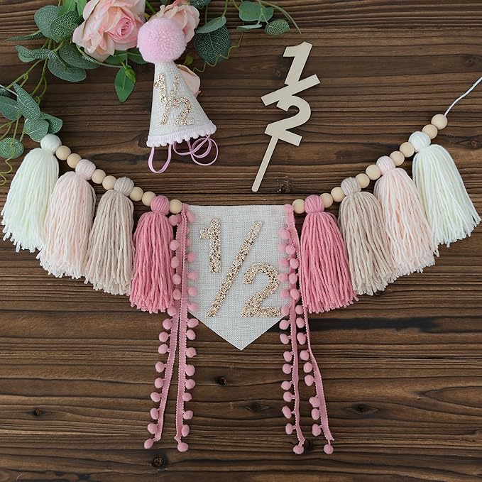 1/2 Pink Baby Girl Birthday Highchair Banner Wood Bead Tassel Garland Half Birthday Conical Cap Wooden Cake Topper Happy Half Year Party Photoshoot Props