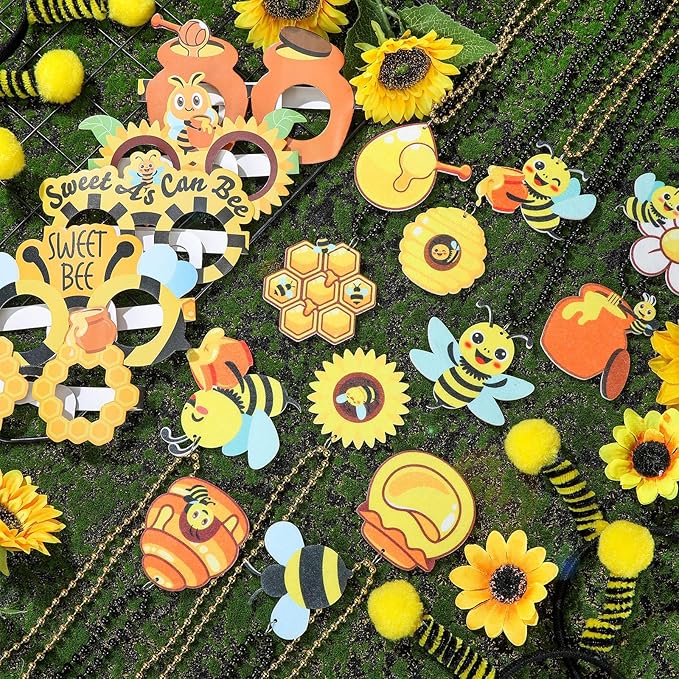 Kingdder 36 Pcs Bee Party Supplies 12 Bee Honeycomb Sunflower Beaded Necklaces 12 Headbands 12 Touchdown Paper Glasses Prop Accessories for Spring Birthday Party Photo Booth Props Summer Decorations