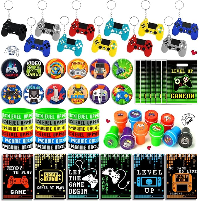66 PCS Video Game Party Favors Video Game Theme Notepads Wristbands Stampers Keychains For Level Up Party Gamer Birthday Party Classroom Rewards Supplies