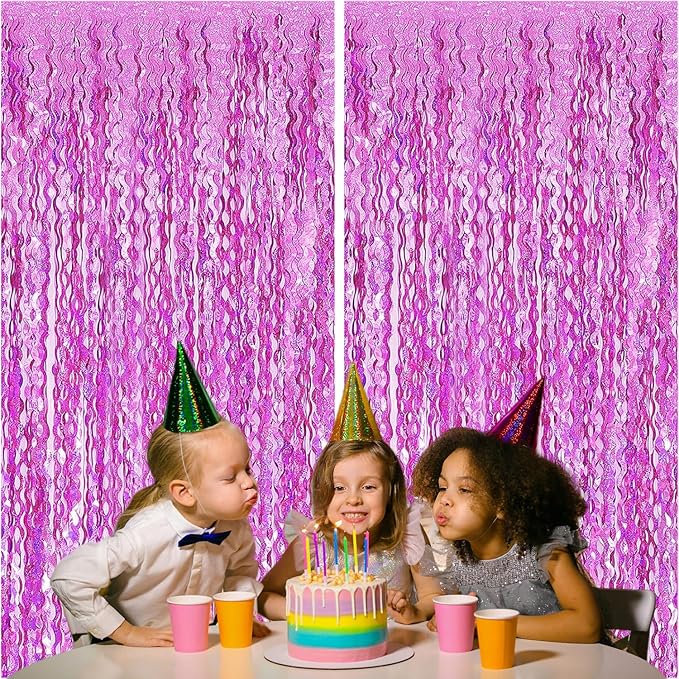 2 Pack Pink Wavy Foil Fringe Curtains, 3.3x6.6 Ft Metallic Tinsel Wavy Backdrop Party Decorations Door Pink Streamers for Birthday Wedding Engagement Decor,Party Supplies
