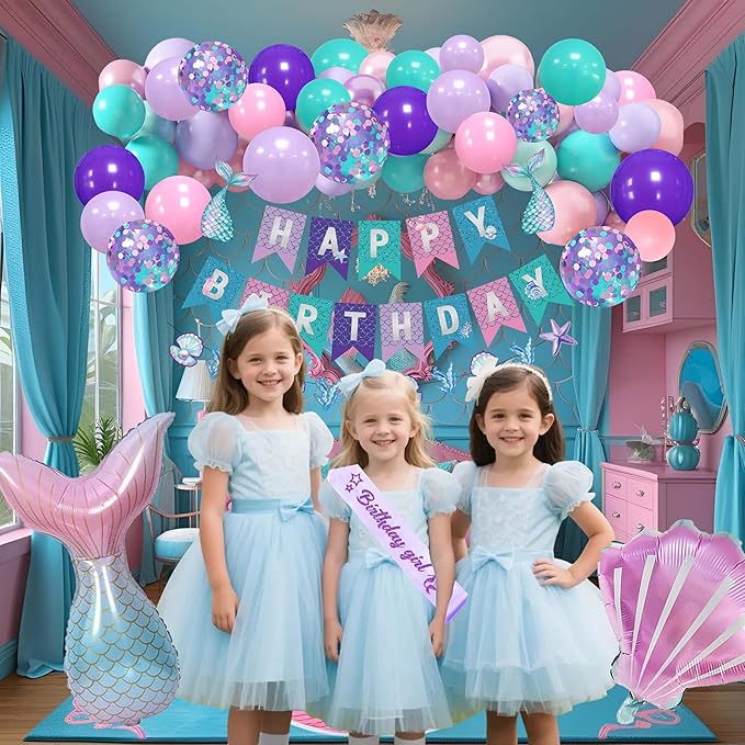 Mermaid Birthday Decorations for Girls,Fringe Curtains Happy Birthday Banner,Red balloons,Cake Toppers for women