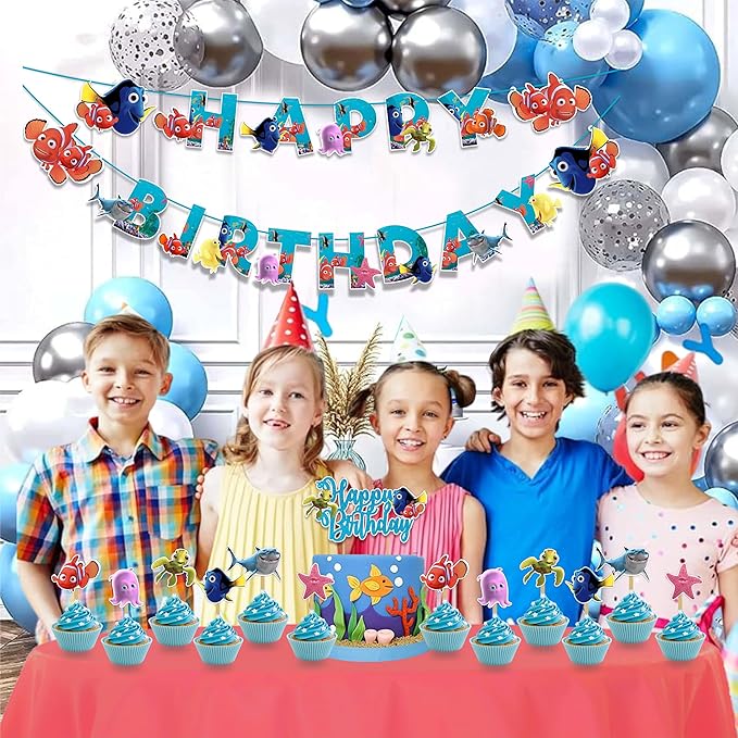 "Findng Nmo Theme Birthday Party Supplies – Under the Sea Decorations for Boys Girls – Includes Birthday Banner, Cake Topper, Cupcake Toppers, Garland & Ocean Party Décor Set"